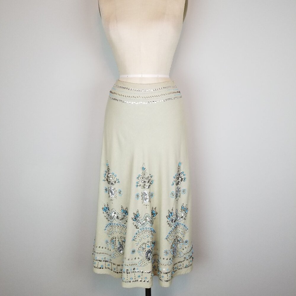 Carole Little Turquoise & Silver Beaded Sequin Midi Linen Skirt Ladies Size 6